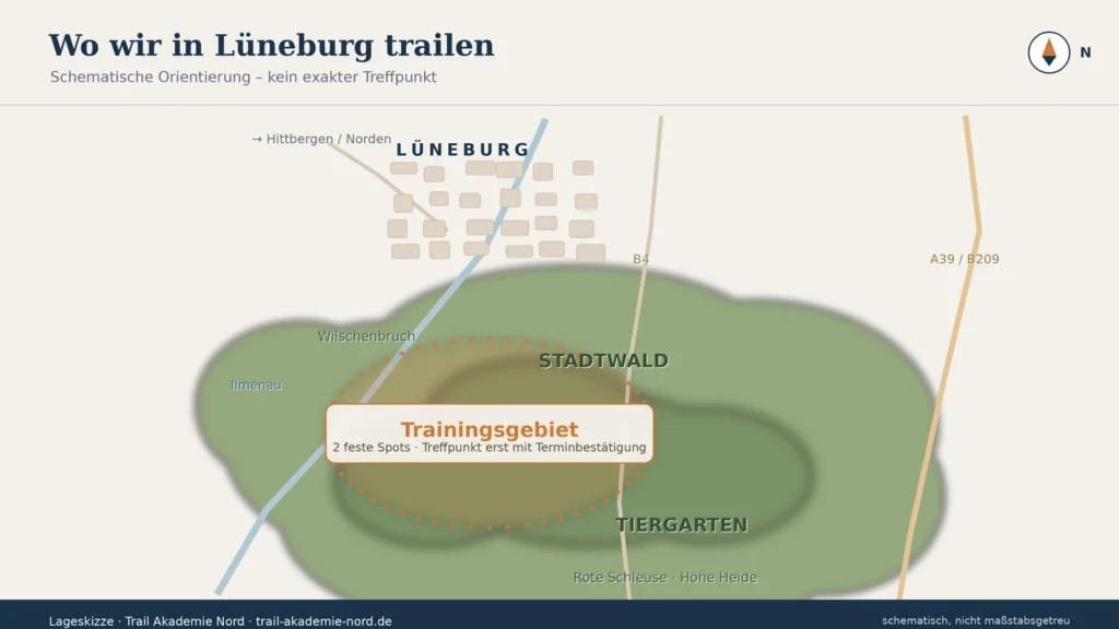 Lageskizze: Mantrailing-Trainingsgebiet südlich von Lüneburg – Stadtwald und Tiergarten, ohne exakten Treffpunkt